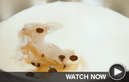 a wooden spoon stirs hot chocolate