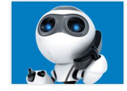 A cute robot with big eyes talks on the phone 