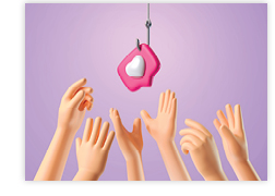 A group of hands reaching for a social media "like" 